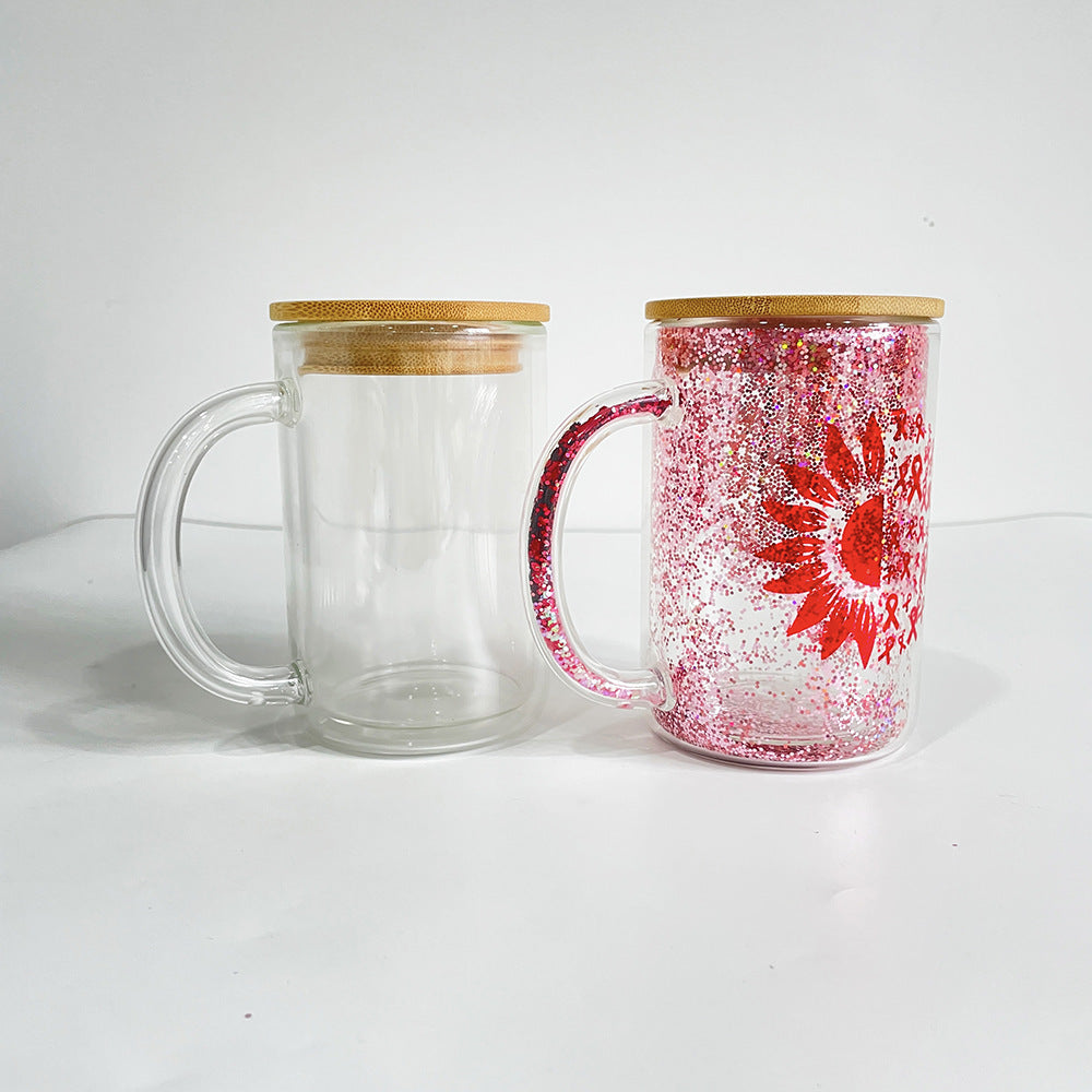 15 oz glass double layer snow globe with handle and bamboo lid