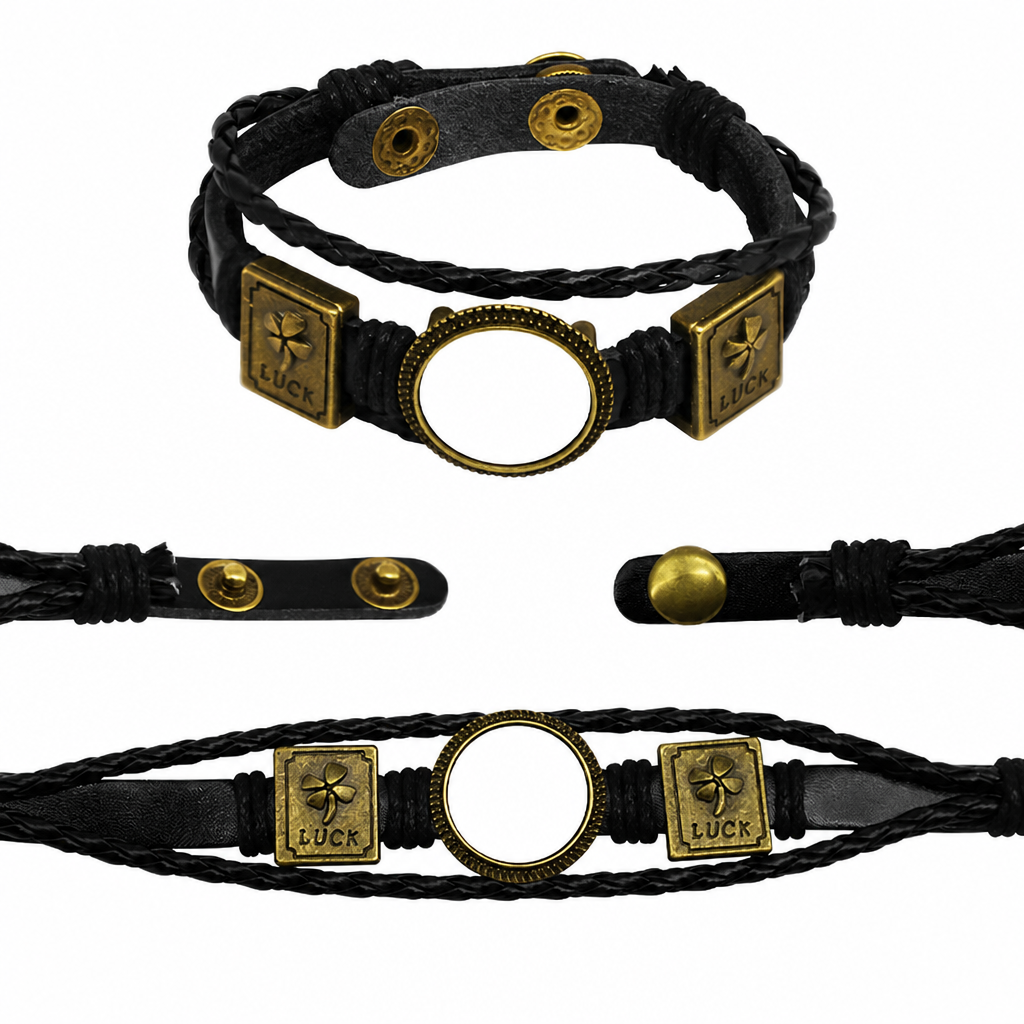 Sublimation blank four-leaf clover LUCK leather cord bracelet in bronze, three views