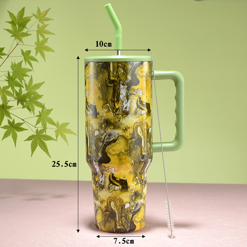 40oz Stainless Steel Insulated Tumbler with Cross-border Paint Transfer, Large Capacity Office Straw Cup