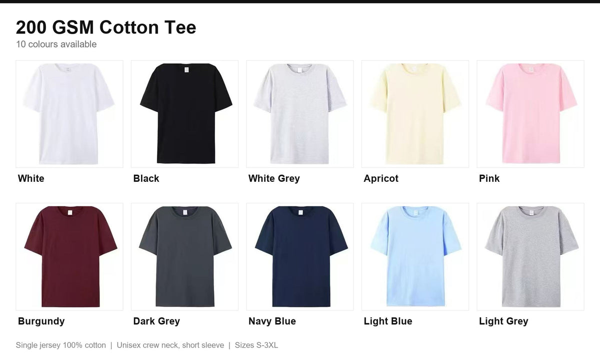 Blank Cotton T-Shirt | 200 GSM & 230 GSM | 100% Cotton Unisex Crew Neck Tee | S-3XL