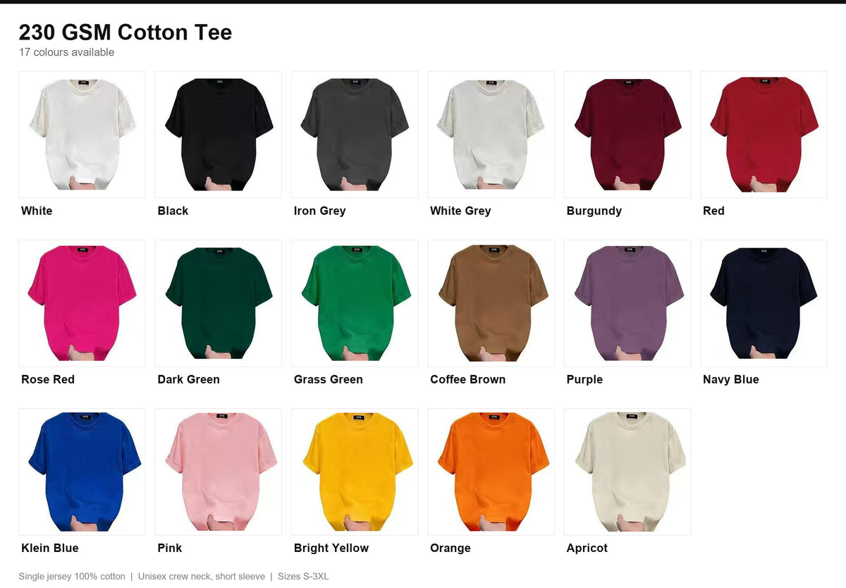 Blank Cotton T-Shirt | 200 GSM & 230 GSM | 100% Cotton Unisex Crew Neck Tee | S-3XL