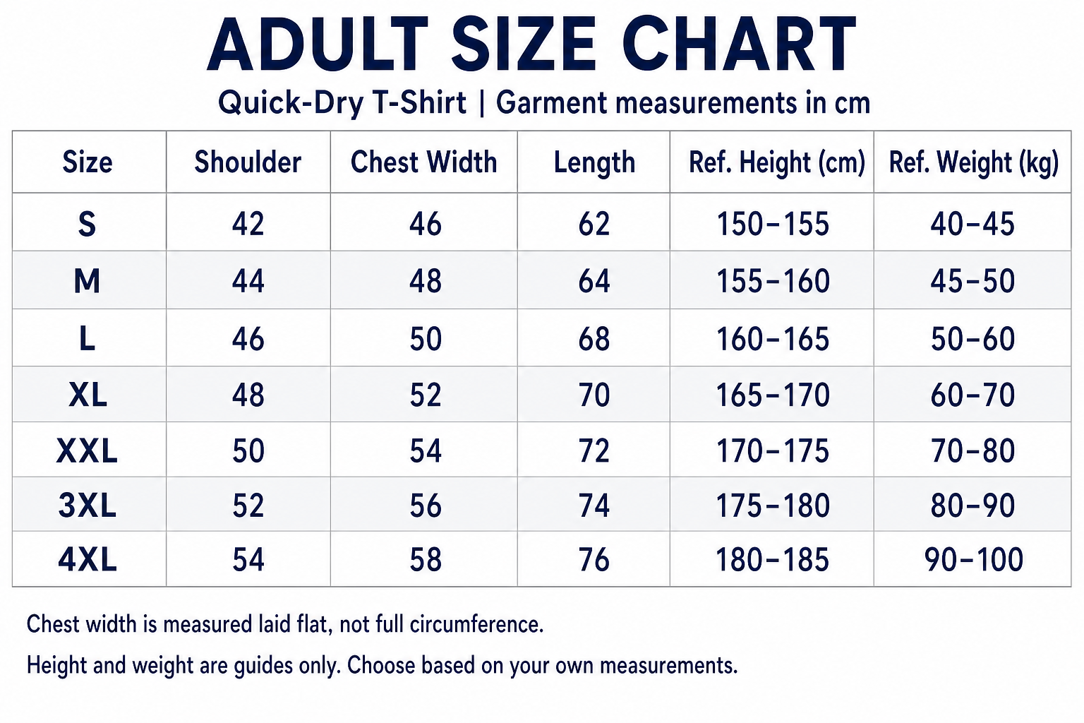 Adult T-shirt size chart: garment measurements in cm and reference body weight in kg