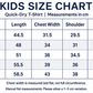 Kids quick-dry T-shirt size chart in English, measurements in cm