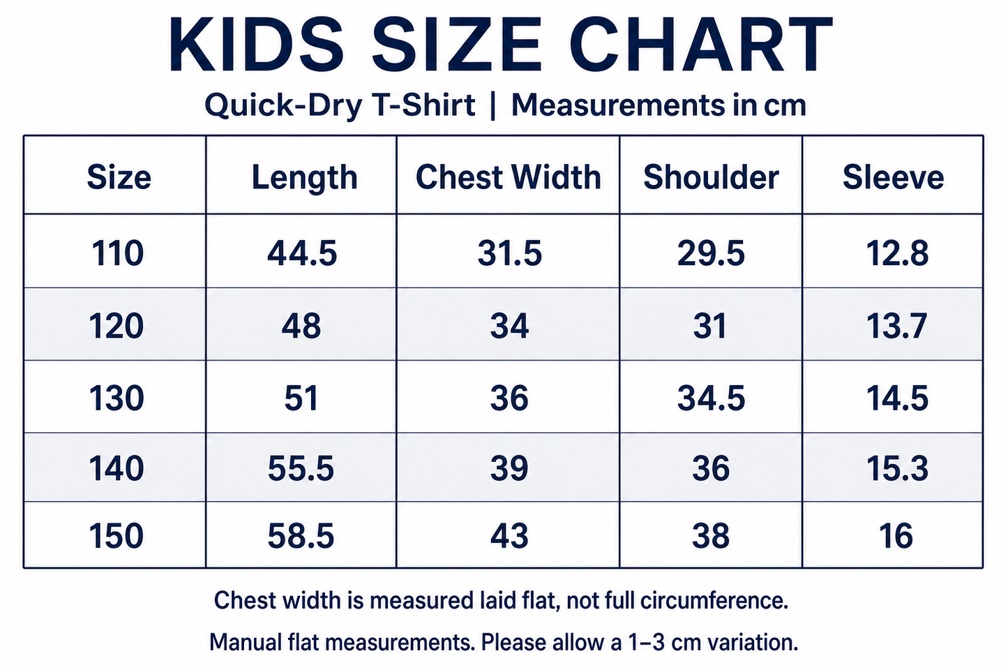 Kids quick-dry T-shirt size chart in English, measurements in cm