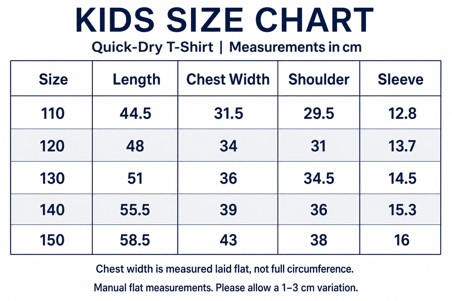 Kids quick-dry T-shirt size chart in English, measurements in cm
