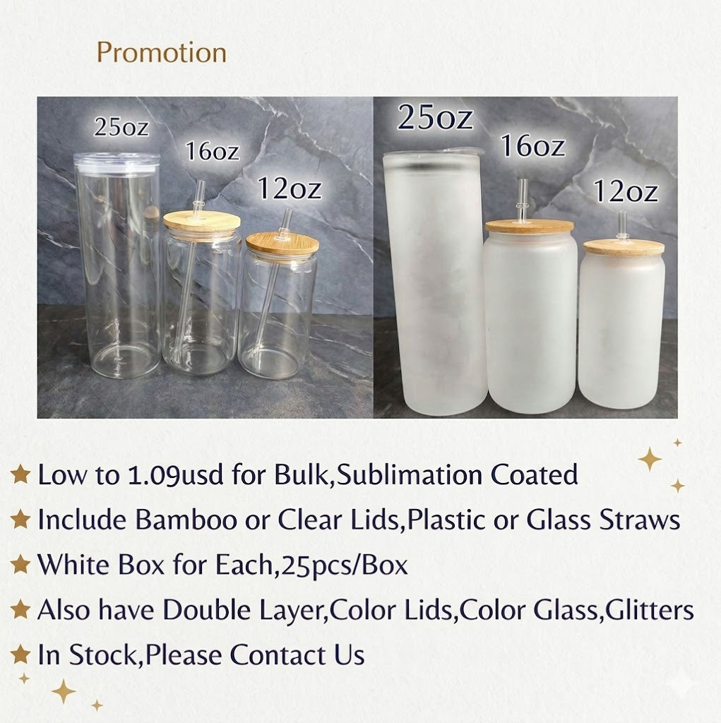 Cheap 12/16/25oz Sublimation Glass Cans with Bamboo Lids bulk wholesale Clear/Frosted with Glass Straw