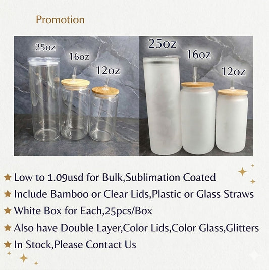 Cheap 12/16/25oz Sublimation Glass Cans with Bamboo Lids bulk wholesale Clear/Frosted with Glass Straw