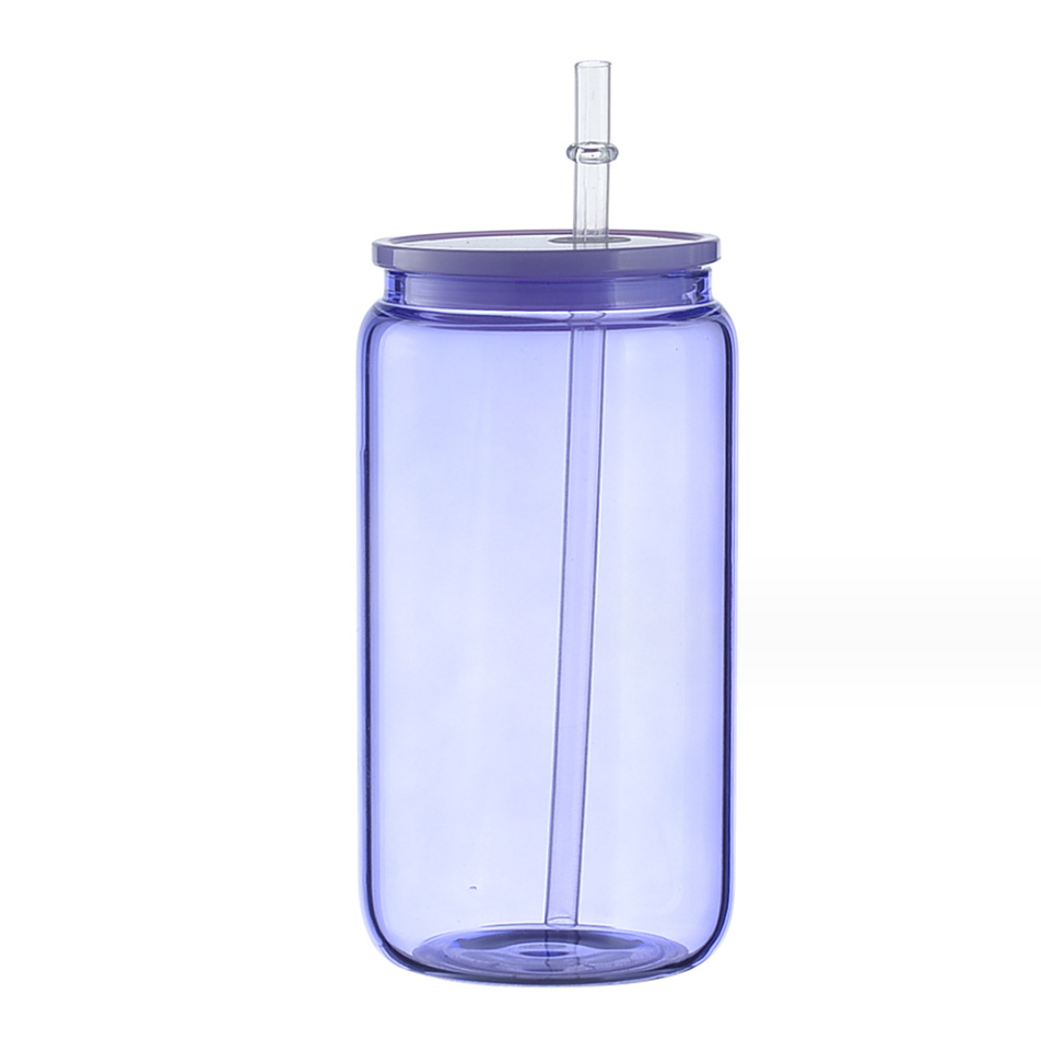 Sublimation Colorful Plastic Lid Glass Cup Transparent High Borosilicate 16OZ Mason Cup