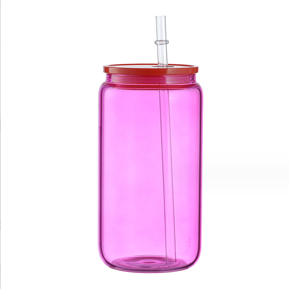 Sublimation Colorful Plastic Lid Glass Cup Transparent High Borosilicate 16OZ Mason Cup