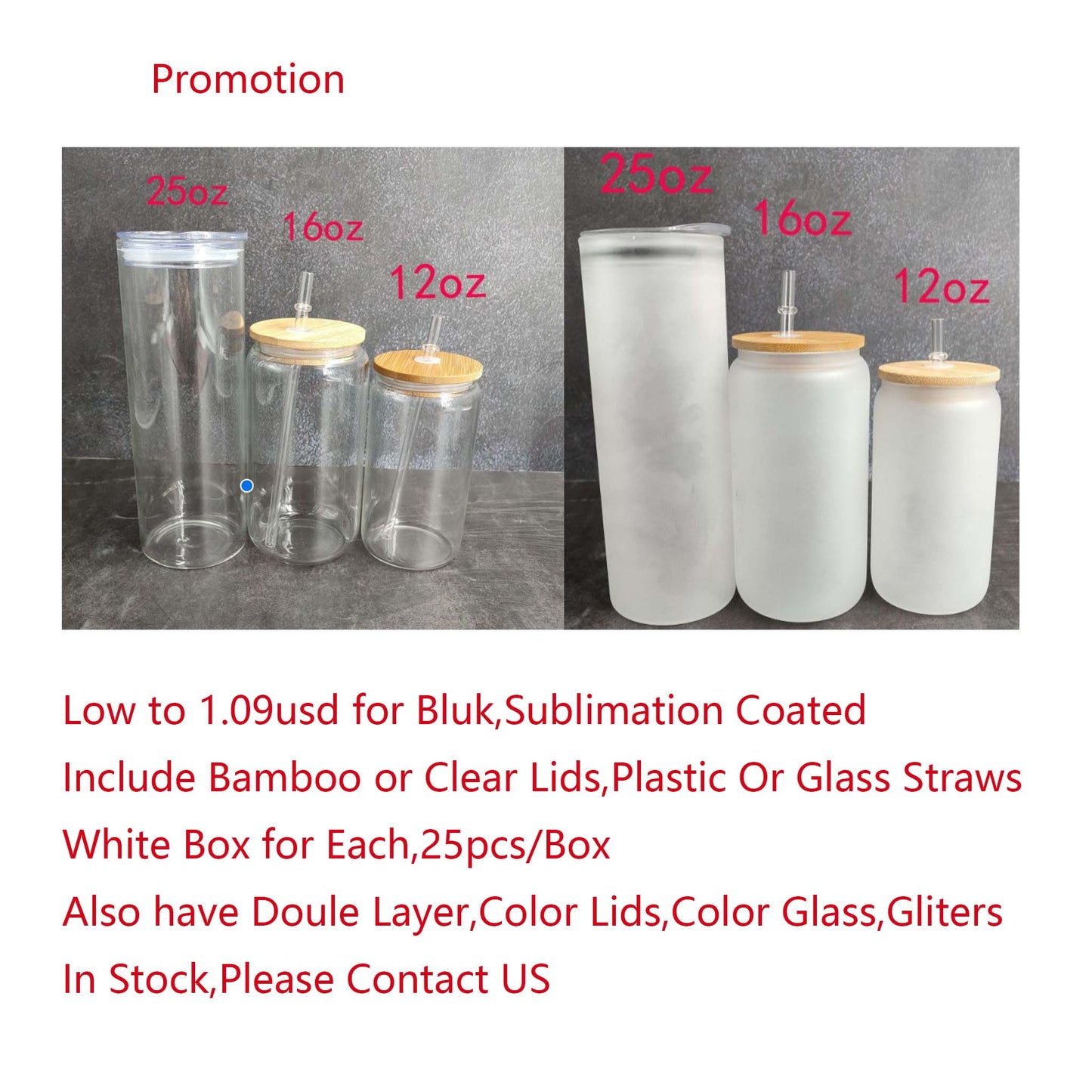 Cheap 12/16/25oz Sublimation Glass Cans with Bamboo Lids bulk wholesale Clear/Frosted with Glass Straw