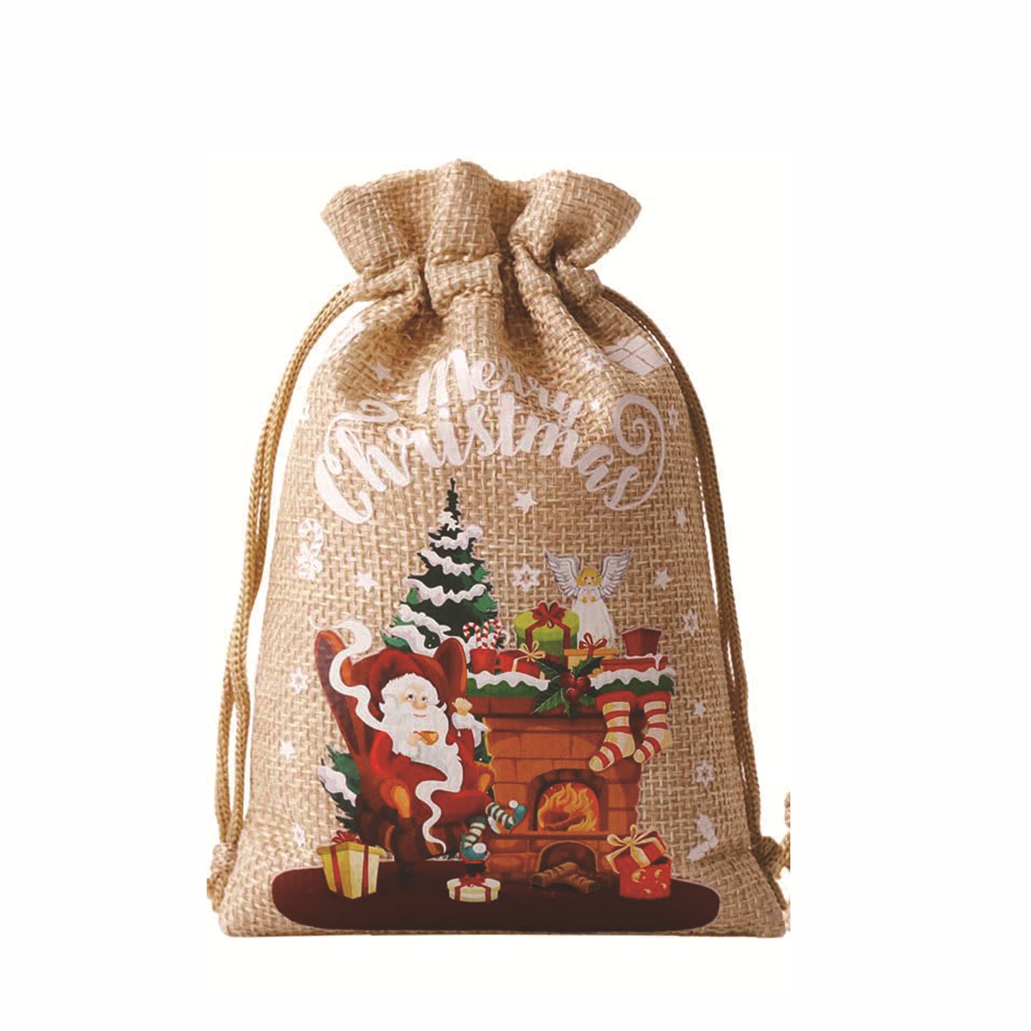 linen/cotton color Printed santa sacks in small 2 sizes 6 designs