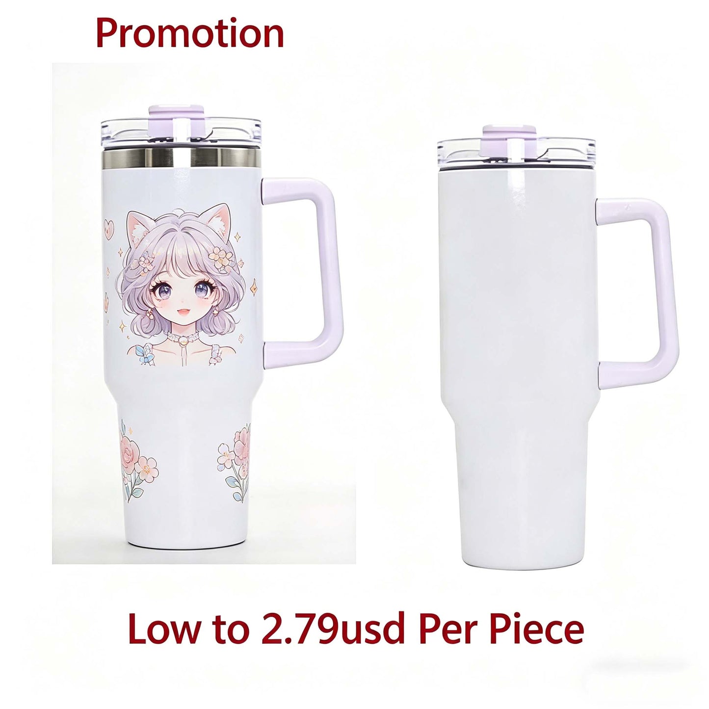 wholesale 40oz Sublimation Blanks: White Insulated Tumbler with Handle & Straw
