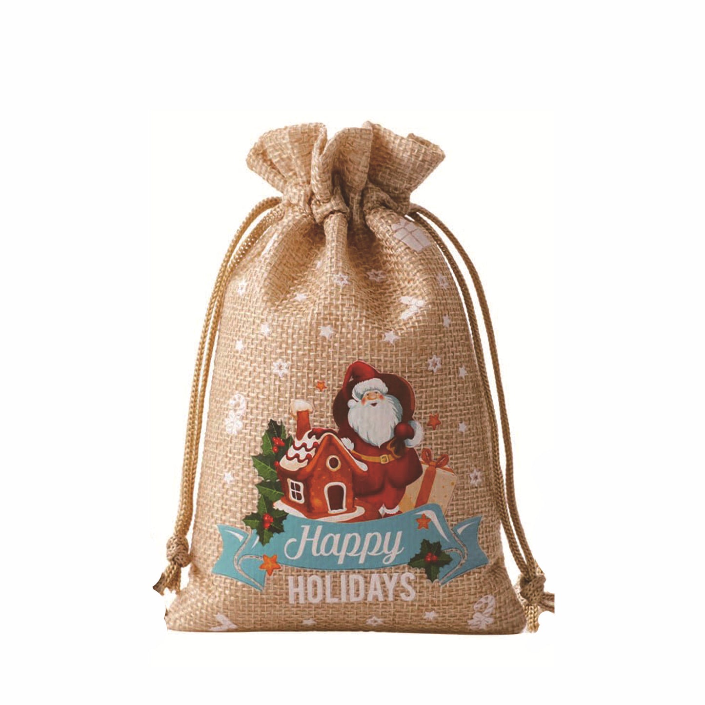 linen/cotton color Printed santa sacks in small 2 sizes 6 designs