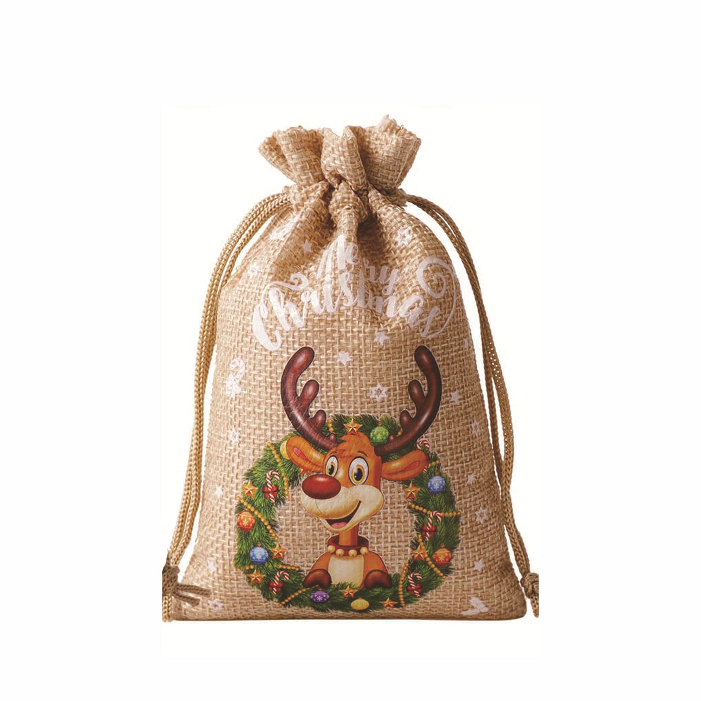 linen/cotton color Printed santa sacks in small 2 sizes 6 designs