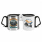 Two camping mugs printed with outdoor graphics, printing samples