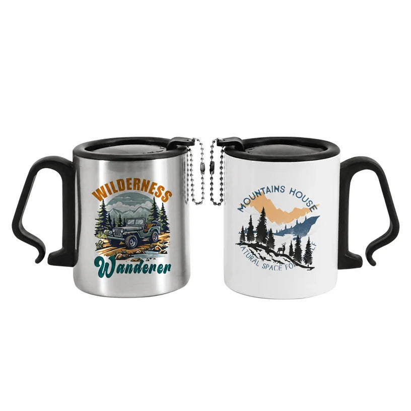 Two camping mugs printed with outdoor graphics, printing samples
