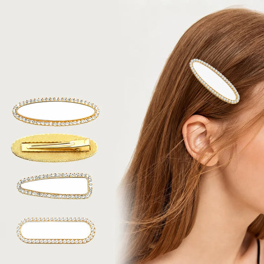 Blank sublimation metal hair clips in four shapes with a gold rhinestone clip worn in hair
