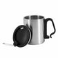 Brushed silver camping mug with the leak-proof flip lid resting beside it
