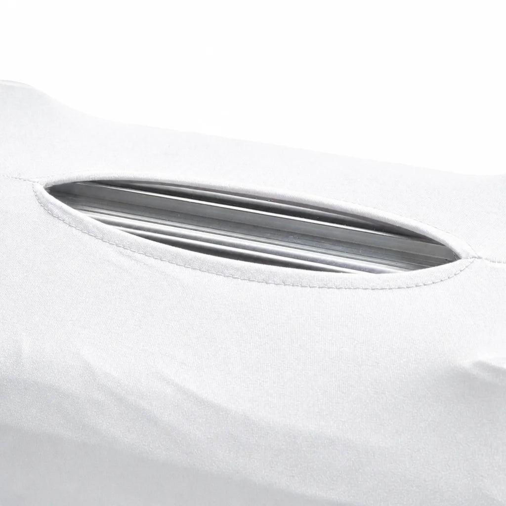 Elastic-bound handle opening on the white stretch luggage cover
