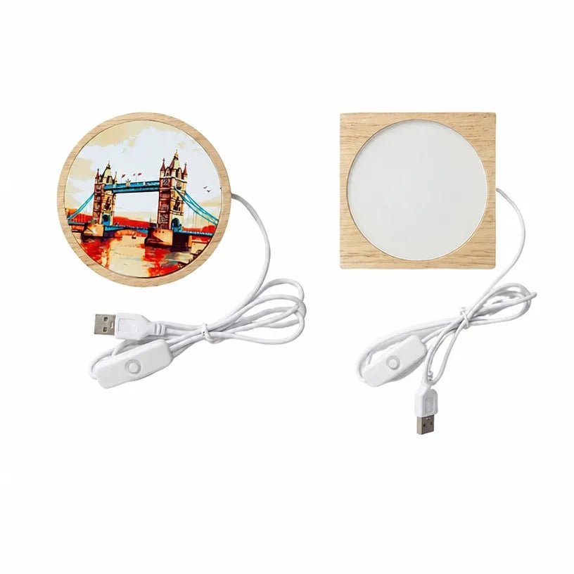 Sublimation Blank Wooden LED Night Light - USB Powered Heat Transfer Base with PET Sheet, DIY Custom (Round & Square)