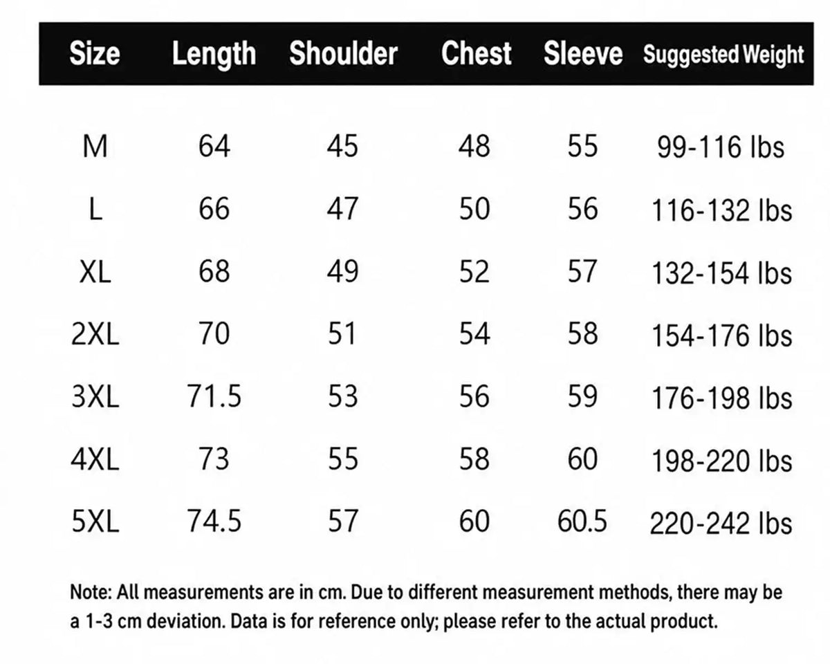 Size chart for the 420gsm hoodie, M to 5XL in centimetres