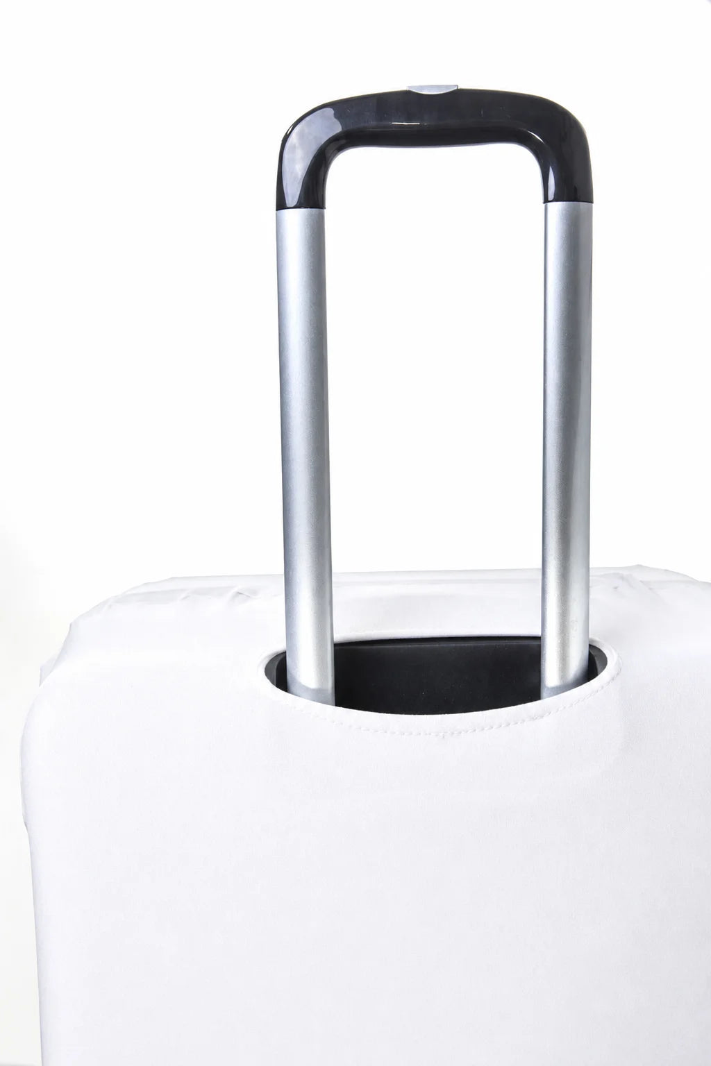 Top view of the white luggage cover showing the opening for the telescopic handle