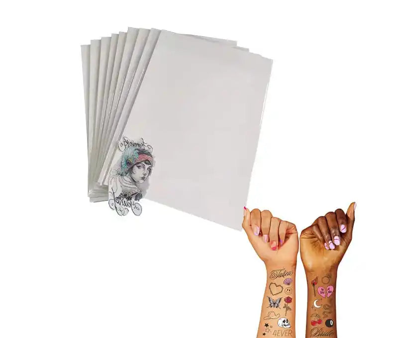 Stack of blank A4 printable tattoo paper sheets with a printed sample