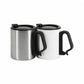 Blank stainless steel camping mug blank in brushed silver and white side by side
