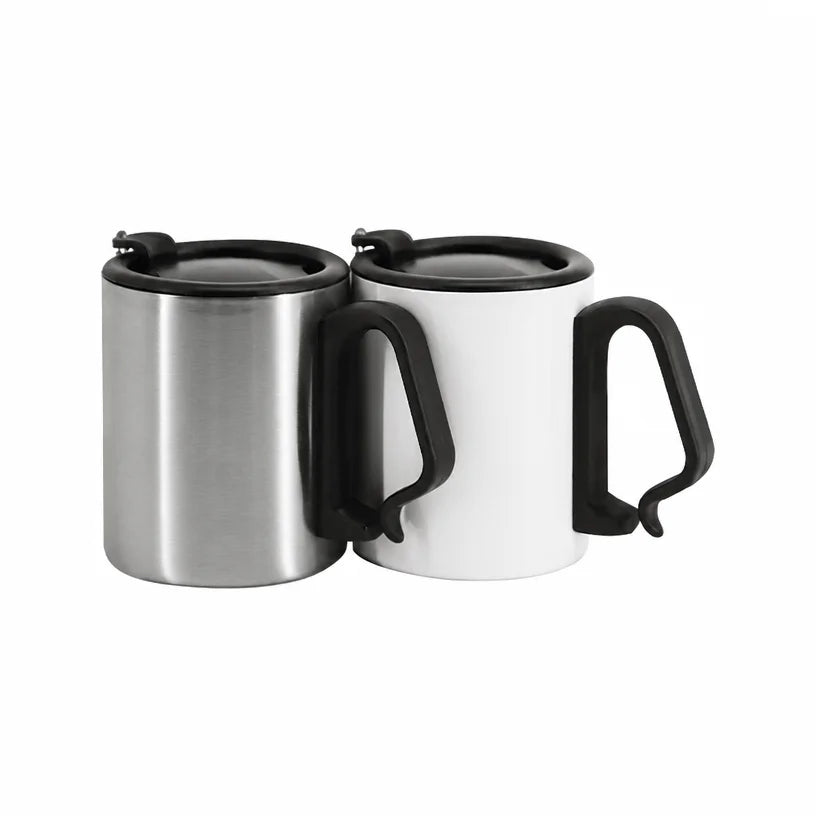 Blank stainless steel camping mug blank in brushed silver and white side by side