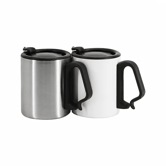 Blank stainless steel camping mug blank in brushed silver and white side by side