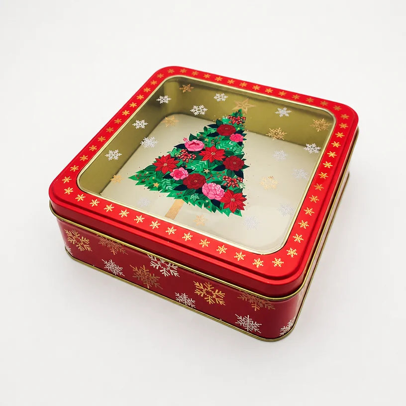 Christmas Tin Box with Window Lid | Printed Metal Gift Tin, 12 Festive Designs - Not a Sublimation Blank