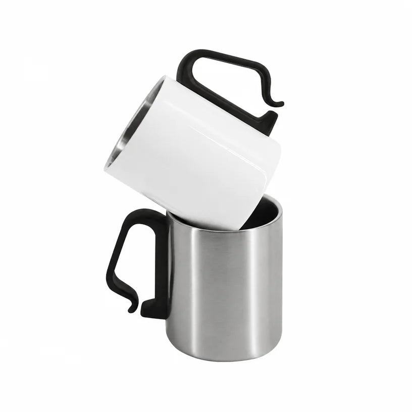 White blank camping mug resting in a silver one, showing both finishes