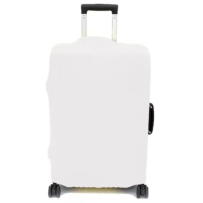White sublimation blank stretch luggage cover fitted over a suitcase