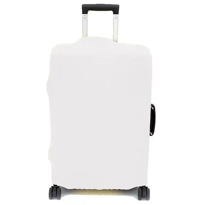 White sublimation blank stretch luggage cover fitted over a suitcase