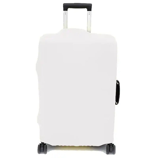 White sublimation blank stretch luggage cover fitted over a suitcase