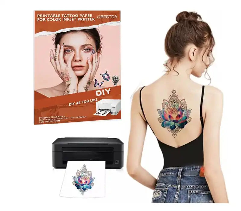Printable tattoo paper retail pack, inkjet printer and a finished tattoo on a back