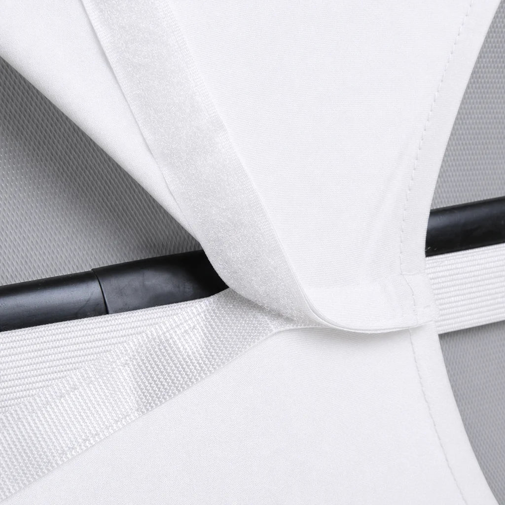 Hook-and-loop flap and elastic band on the white luggage cover