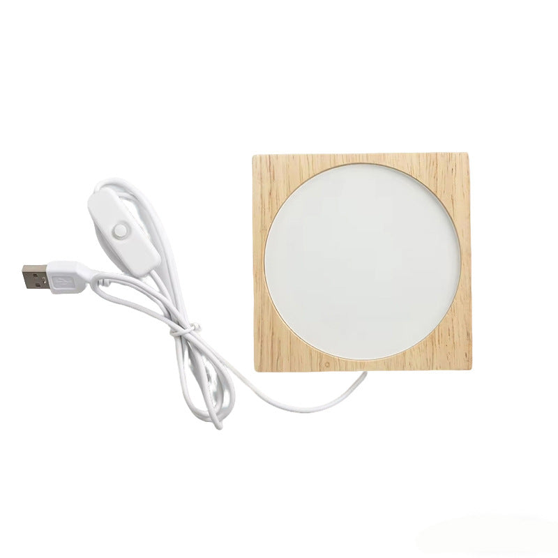 Sublimation Blank Wooden LED Night Light - USB Powered Heat Transfer Base with PET Sheet, DIY Custom (Round & Square)