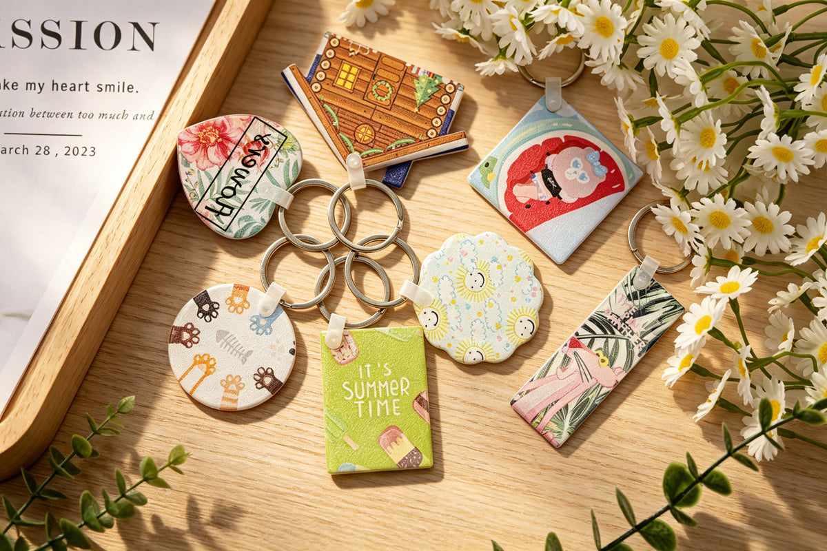 Acrylic sublimation keychains in a gift display