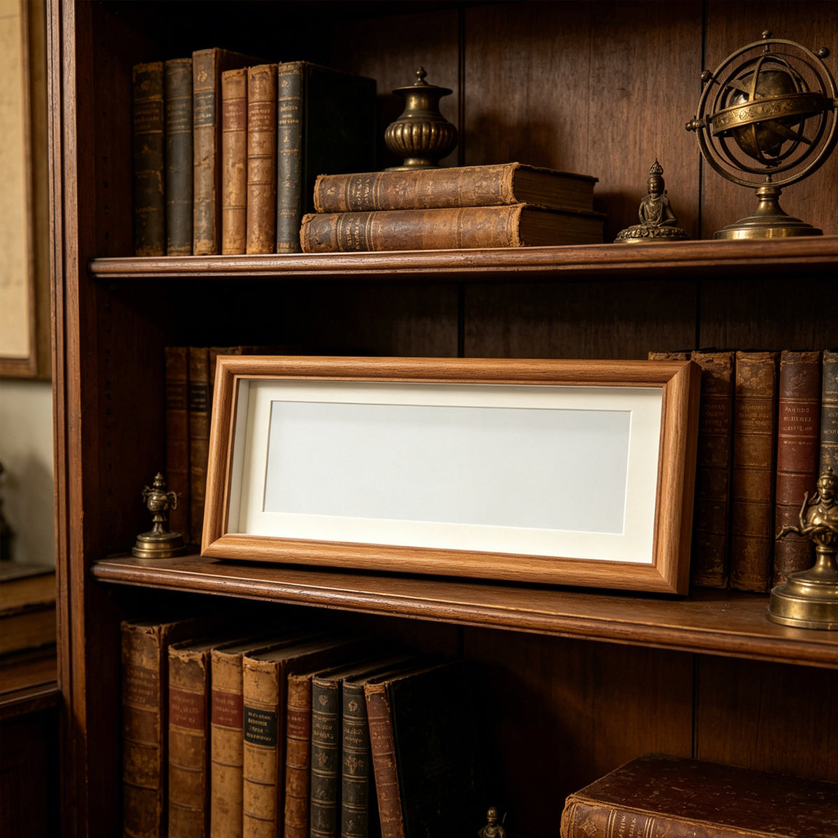Walnut wood rectangular frame on a bookshelf