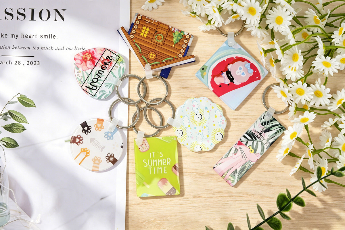 Acrylic sublimation keychains lifestyle arrangement