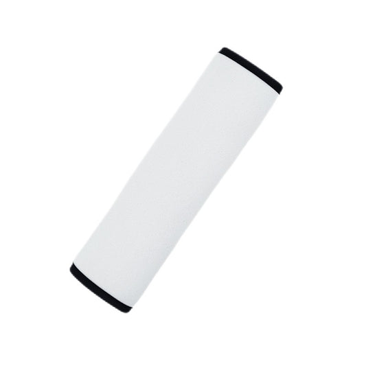 Blank white polyester seat belt cover standing upright, showing the black velcro edges