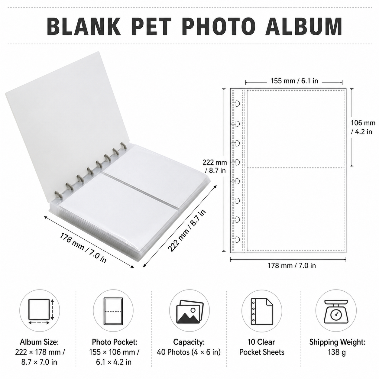 PET photo album size guide with 40-photo capacity and shipping weight