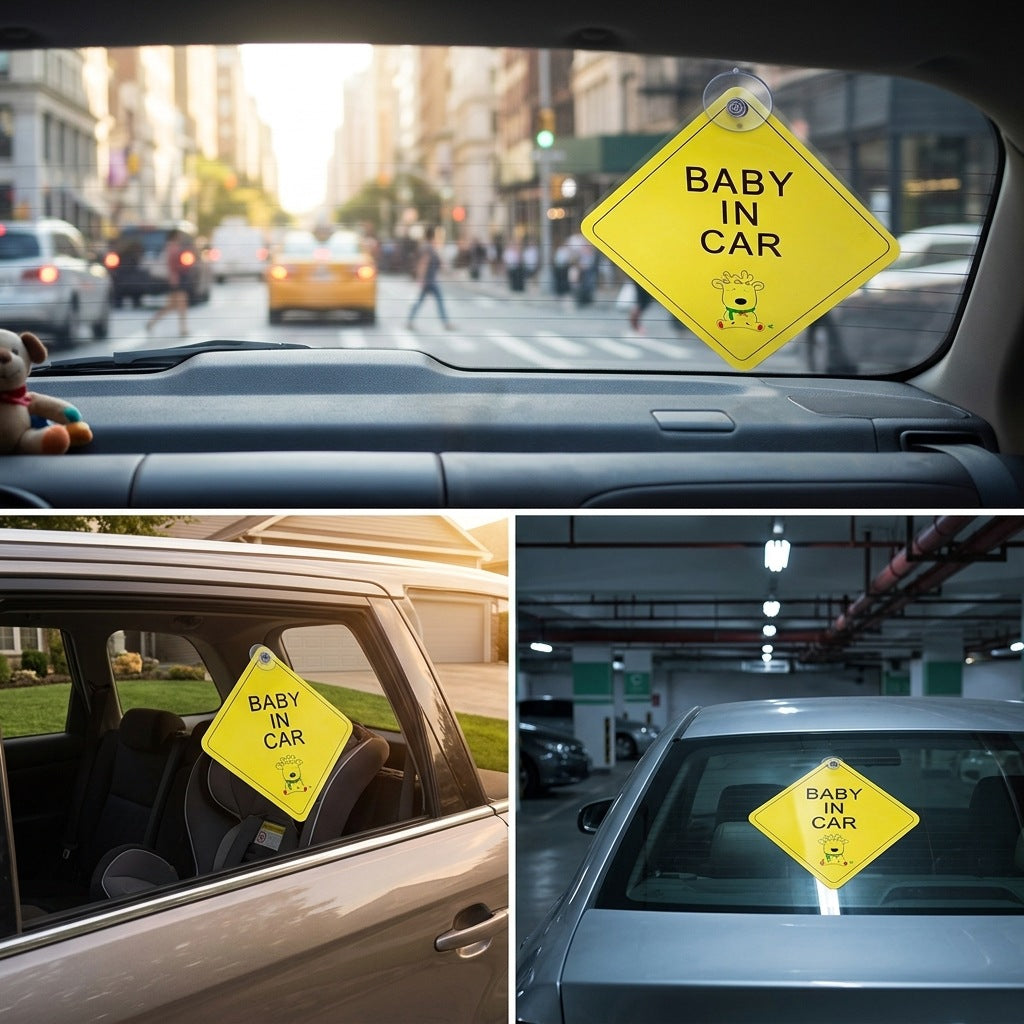 The printed sample sign mounted on car windows in three different vehicles