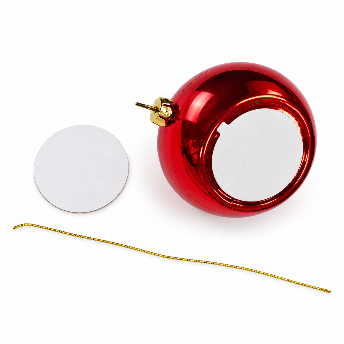 Red sublimation Christmas ball blank with round insert and gold hanging cord