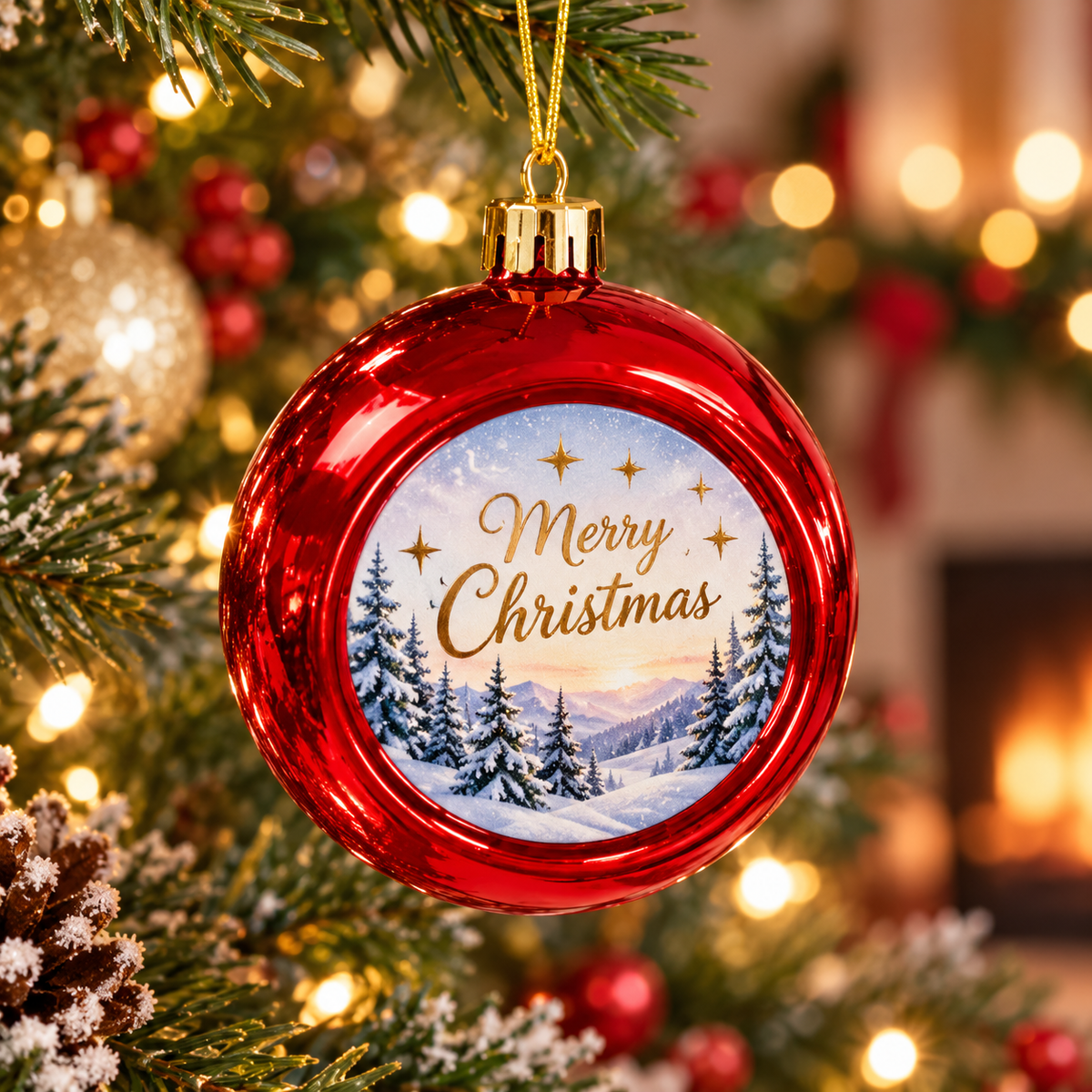 Printed red Christmas ball ornament example hanging on a Christmas tree