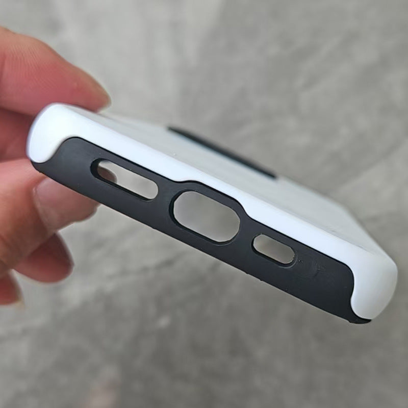 Side view of the two-in-one blank case showing button cut-outs and raised camera ring
