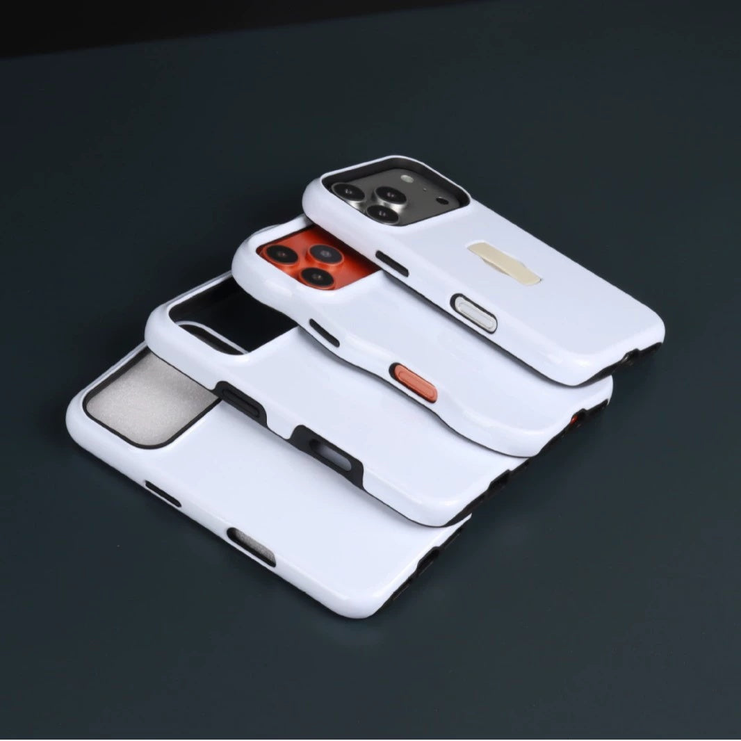 Four blank 2-in-1 cases fanned out, glossy matte and magnetic versions