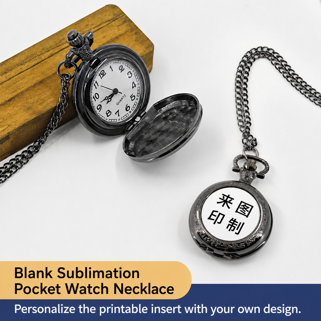 Black vintage pocket watch necklace blank sublimation insert