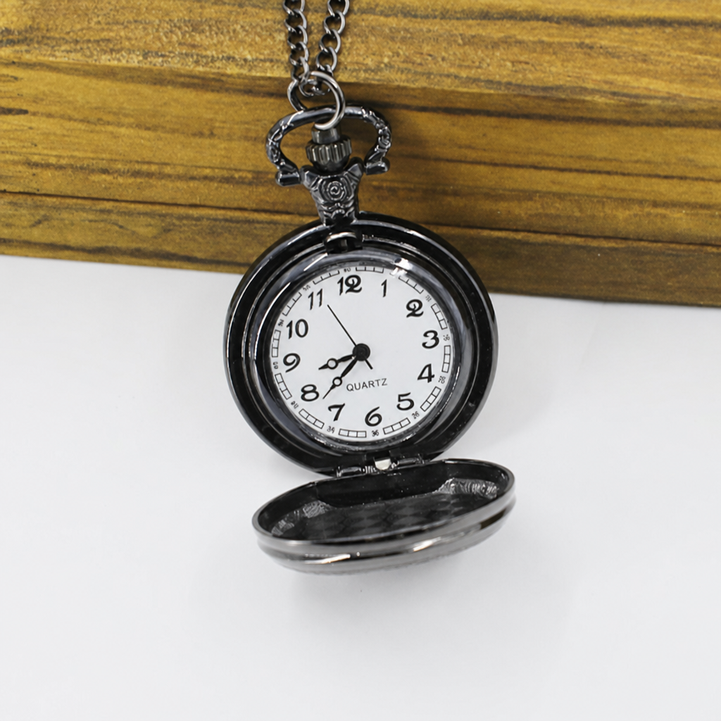 Black vintage pocket watch necklace open view